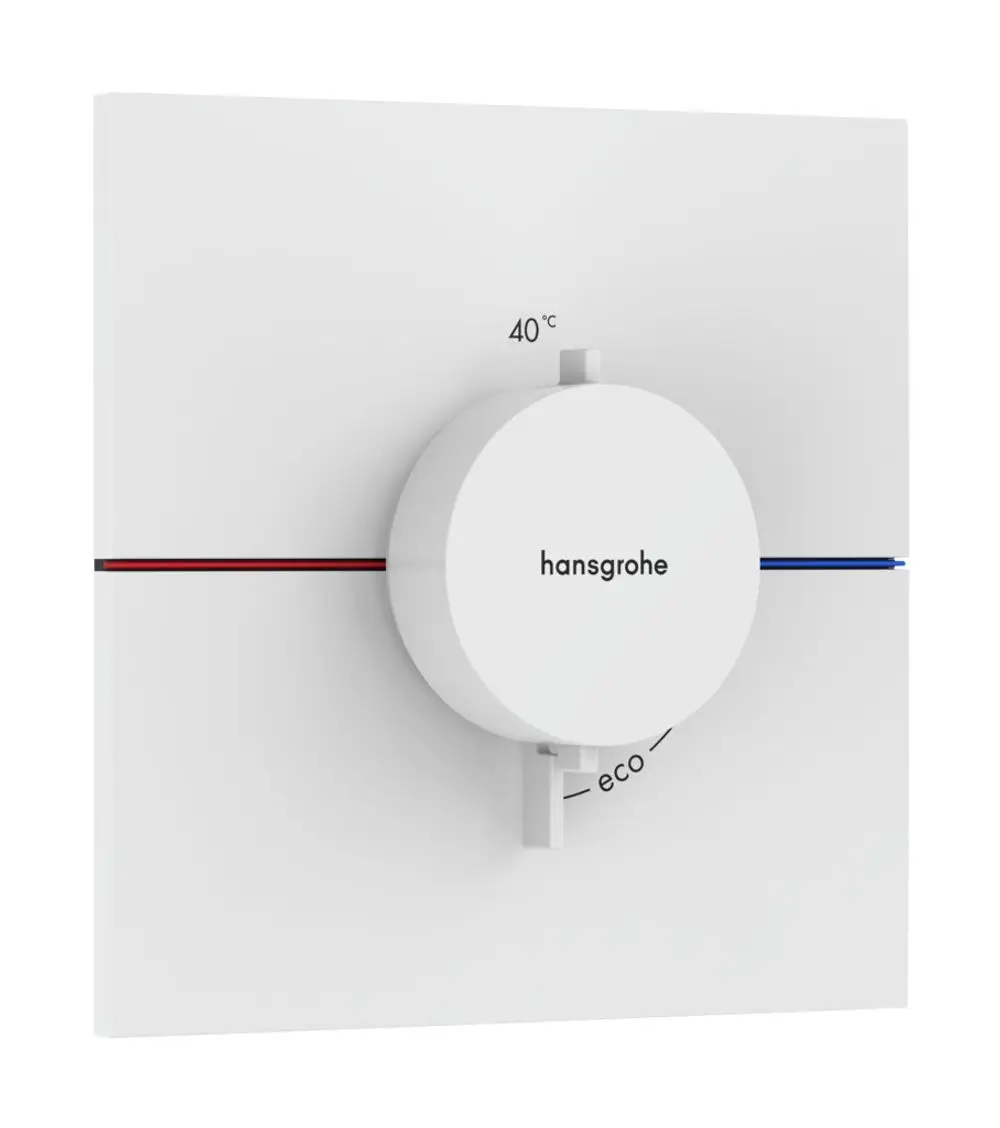 Thermostat von Hansgrohe in Mattweiß, rechteckige Wandplatte mit einem runden Drehknopf zur Temperatureinstellung, gekennzeichnet mit 40 °C und einer Eco-Option.